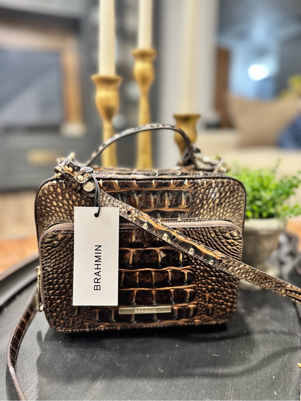 Brahmin Bronze / Brown Croc-Embossed Leather Crossbody Satchel